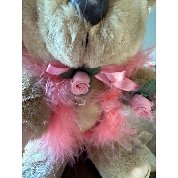 Bearly People Pink feather boa pearls rose tan bear 12" jointed vintage - Picture 12 of 13